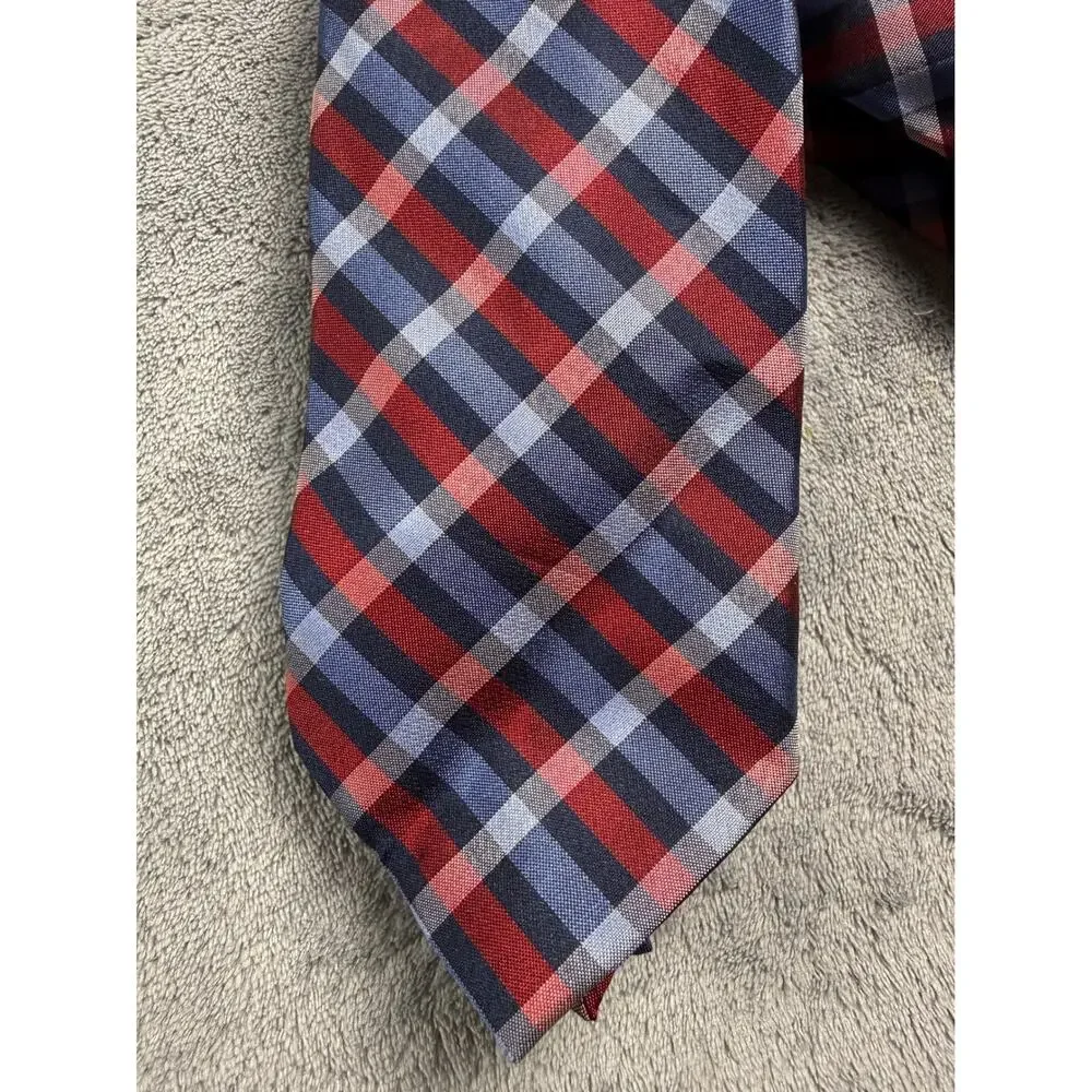 Chaps Slim Silk Necktie Mens Red Navy Blue Plaid Check Hand Made Accessory